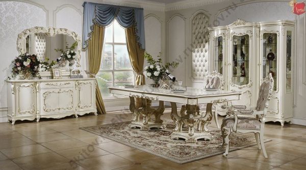 Комплект столовой Венеция (витрина 3дв., комод с зеркалом, стол + 4 стула, 2 полукресла),слоновая кость в Москве купить в интернет магазине - 5 Китов