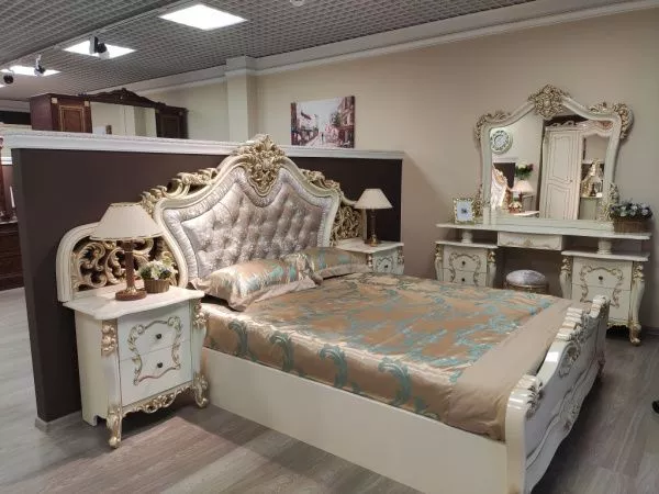 Комплект спальни Джоконда Диа, крем глянец (кровать 1,6м или 1,8м, 2 тумбы, туалетн. ст. с зерк., шкаф 4 двери) в Москве купить в интернет магазине - 5 Китов