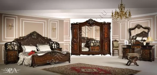 Комплект спальни Джоконда, корень дуба глянец, Эра (кровать 1,8, тумба 2 шт., туалетный стол с зеркалом, пуф, шкаф 6 дверей) в Москве купить в интернет магазине - 5 Китов