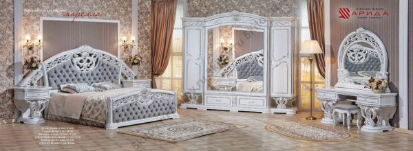 Комплект спальни Марелла (кровать 1,8, тумбы 2 шт, туалетный стол, шкаф 6-ти дверный), белый с серебром в Москве купить в интернет магазине - 5 Китов
