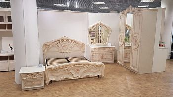 Комплект спальни Роза беж глянец (кровать 1,6, тумба прикроватная 2шт., комод с зеркалом, шкаф 3-х дверный)